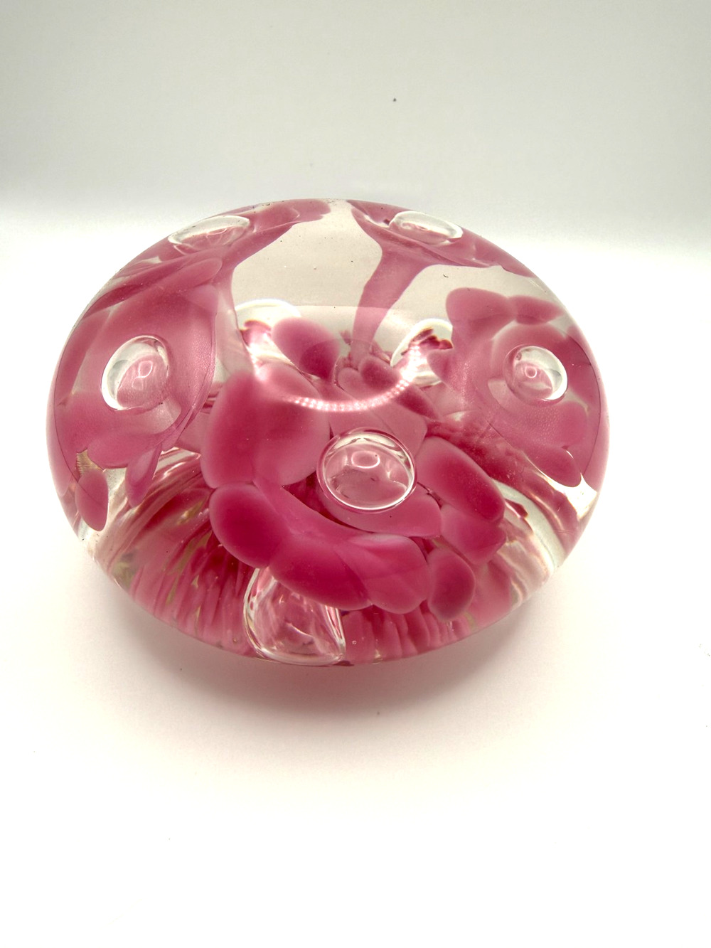 Joe Rice Glass Paperweight Controlled Bubble Pink Trumpet Flower 4" Vintage